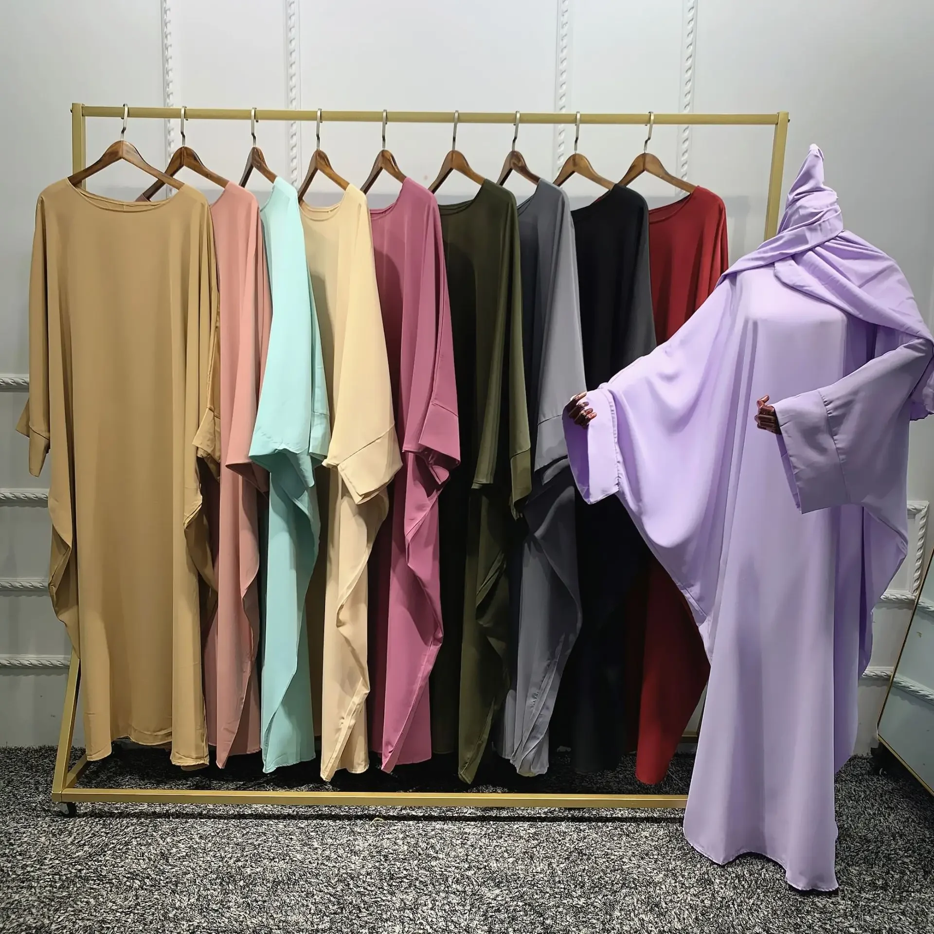 Ramadan Batwing One Piece Prayer Abaya Dubai Nida Muslim Dress Abayas for Women Matching Hijab Scarf Jilbab Kaftan Islam Clothes