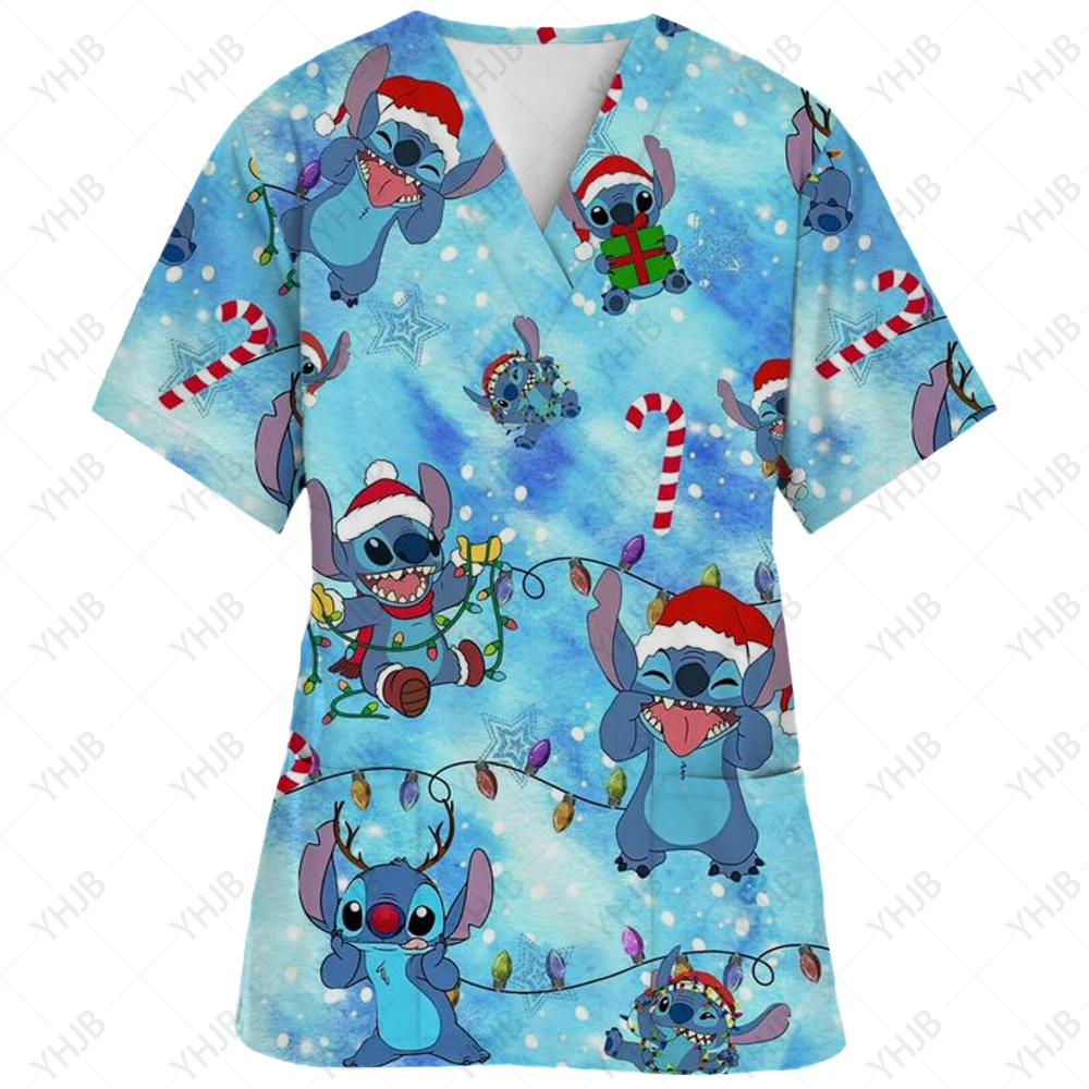 thumbnail image 1 of Blusa de uniforme de trabajo con cuello en V y cordón de manga corta con estampado de dibujos animados de Disney Stitch para mujer, 1 of 5