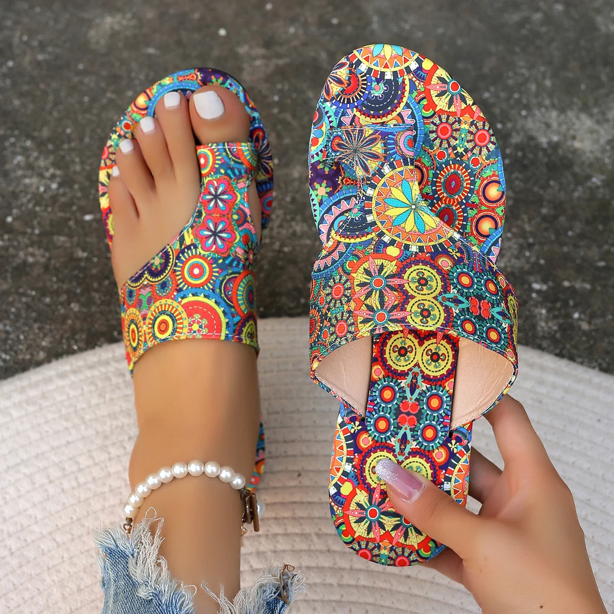 Women Slippers Bohemian Flower Pattern Sandals Casual Lightweight Shoes ...