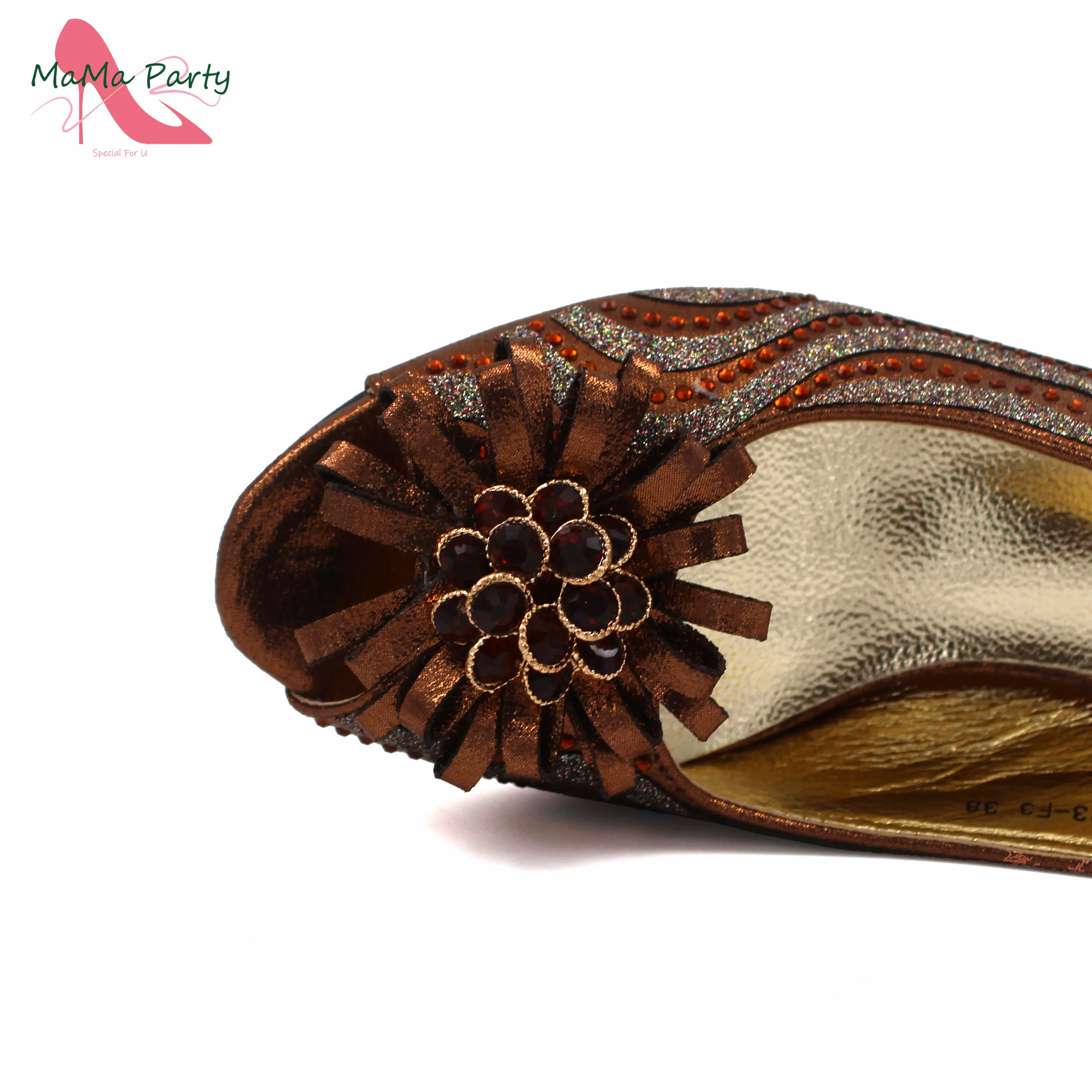 2024 Fashion African Women Shoes and Bag to Match High Quality Square Heels with Crystal for Dress in Coffee Color