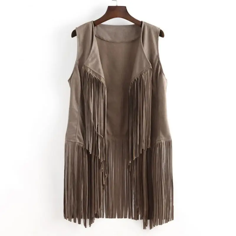 Women's Fringed Vest Jacket Fashion Fall Winter Suede Ethnic Sleeveless Fringed Vest Cardigan Vintage Faux Tassel  Coat Coffee long duvet coat Coats & Jackets