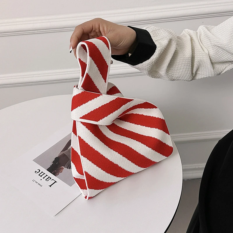 Handmade Knit Handbag Women Mini Knot Wrist-bag Female Casual Color Wide Stripe Tote Shoulder Bag Student Reusable Shopping Bag