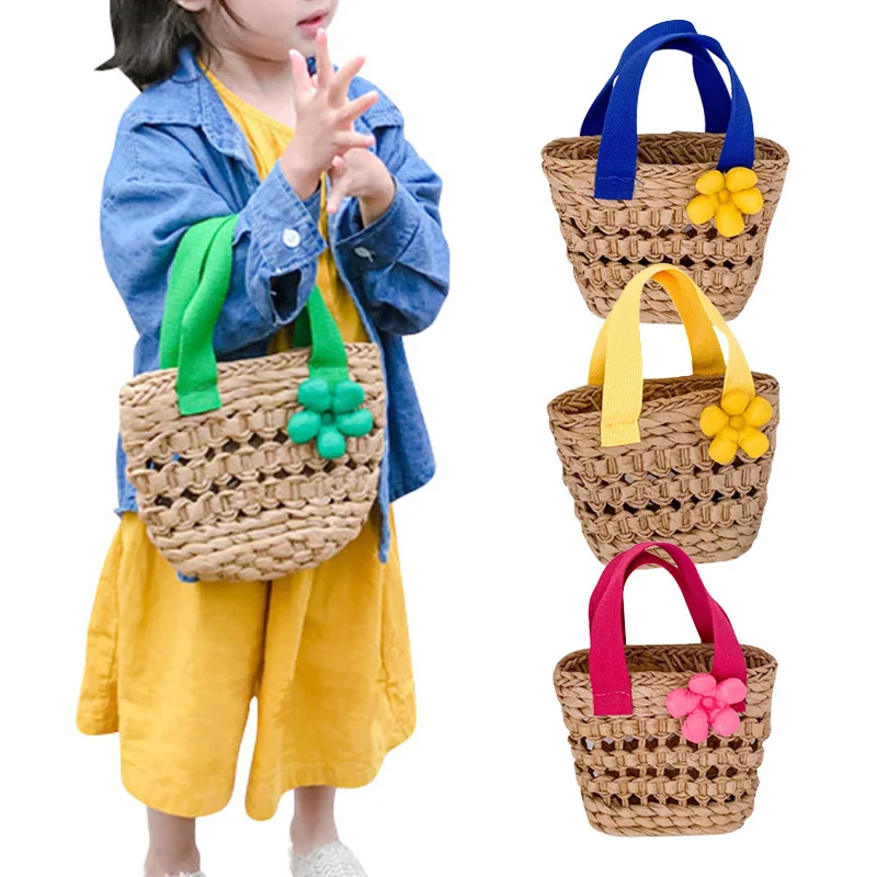 2023 Korean Girls Straw Woven Bag Sweet Fashion Princess Flower Handbag Kids Snack Wallet Bags Summer Beach Handbags 7 Colors