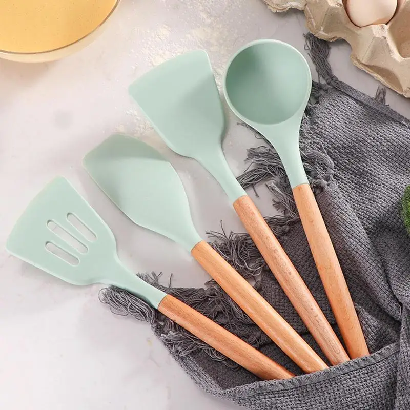 Silicone Kitchen Utensils Set Non-Stick Cookware For Kitchen Wooden Handle Spatula Egg Beaters Kitchenware Accessories