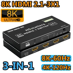 Premium HDMI 2.1 Switch Splitter with Remote - 120Hz, 3/4/5 - Port, HDR Supported - Choos model (8K HDMI 2.1 - 3X1)