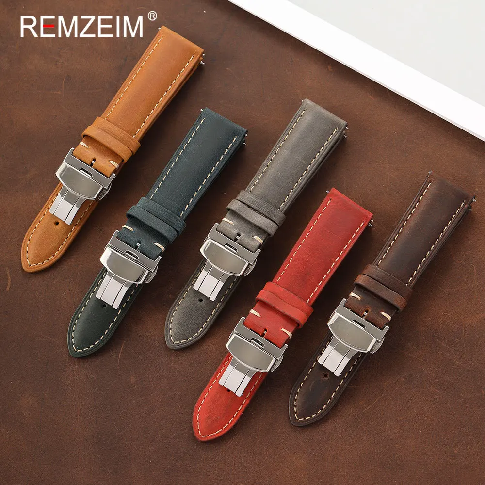 Deluxe Vintage Leather Watch Strap with Quick-Release Butterfly Buckle