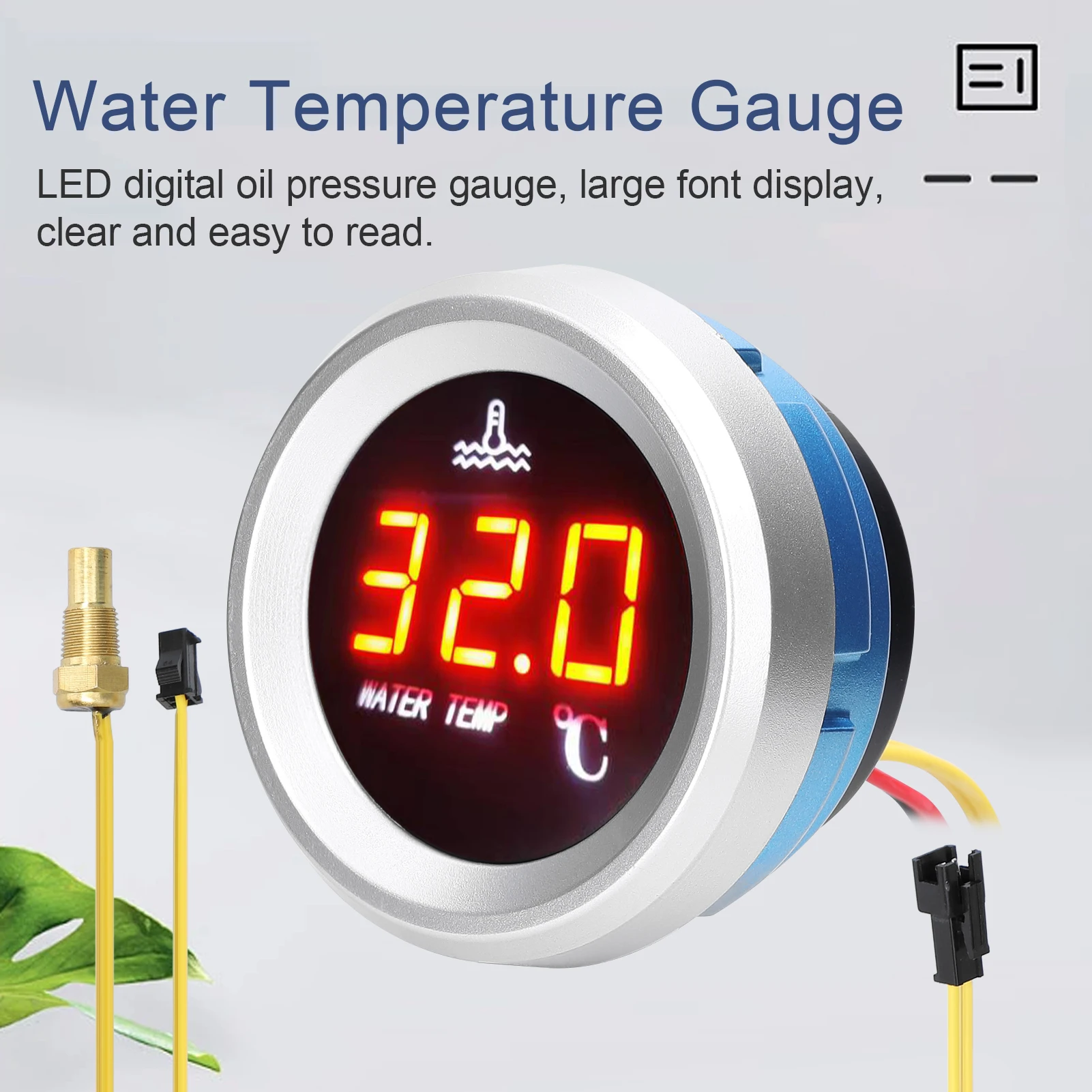 수온 게이지 자동차 디지털 계량기 LED 디스플레이, 온도 센서 알람 기능, 9-36V, 52mm