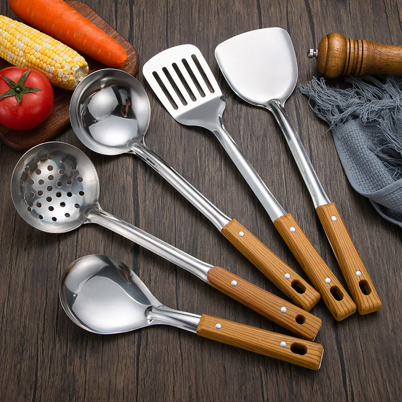 Kitchen Utensils Set Stainless steel anti-scalding handle spatula spoon colander imitation wood grain kitchen utensils set kitchen household cooking