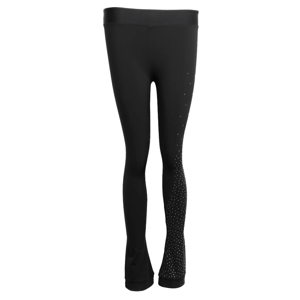 Womens Girls Ice Figure Skating Practice Long Pants Skate Footless Tights Leggings Black with Crystal