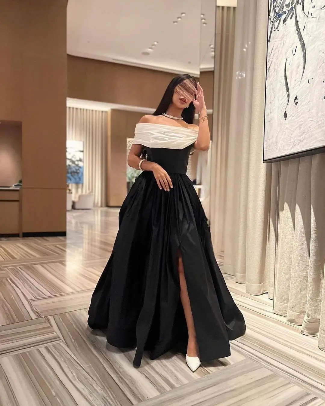 White Black Evening Dresses for Wedding Party Off Shoulder Formal Prom Dress Arabic Party Gown Customized
