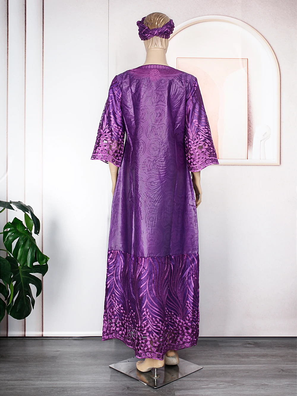 H&D African Dress for Women Traditional Bazin Purple Embroidery Lace Woman Dress Robe Femme Africain Wedding Party Occasion