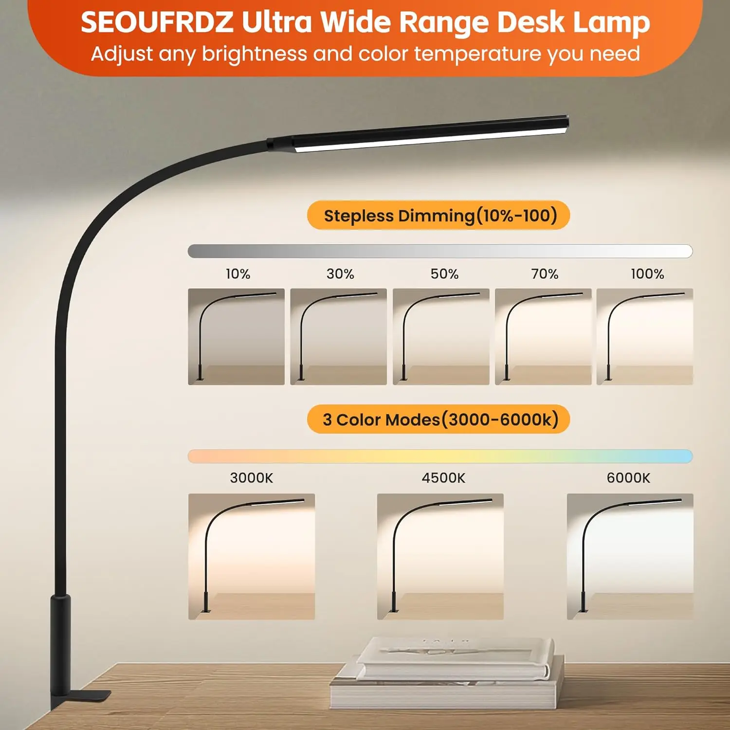 Sleek LED Desk Lamp with Adjustable Gooseneck and Eye-Caring Dimming Options