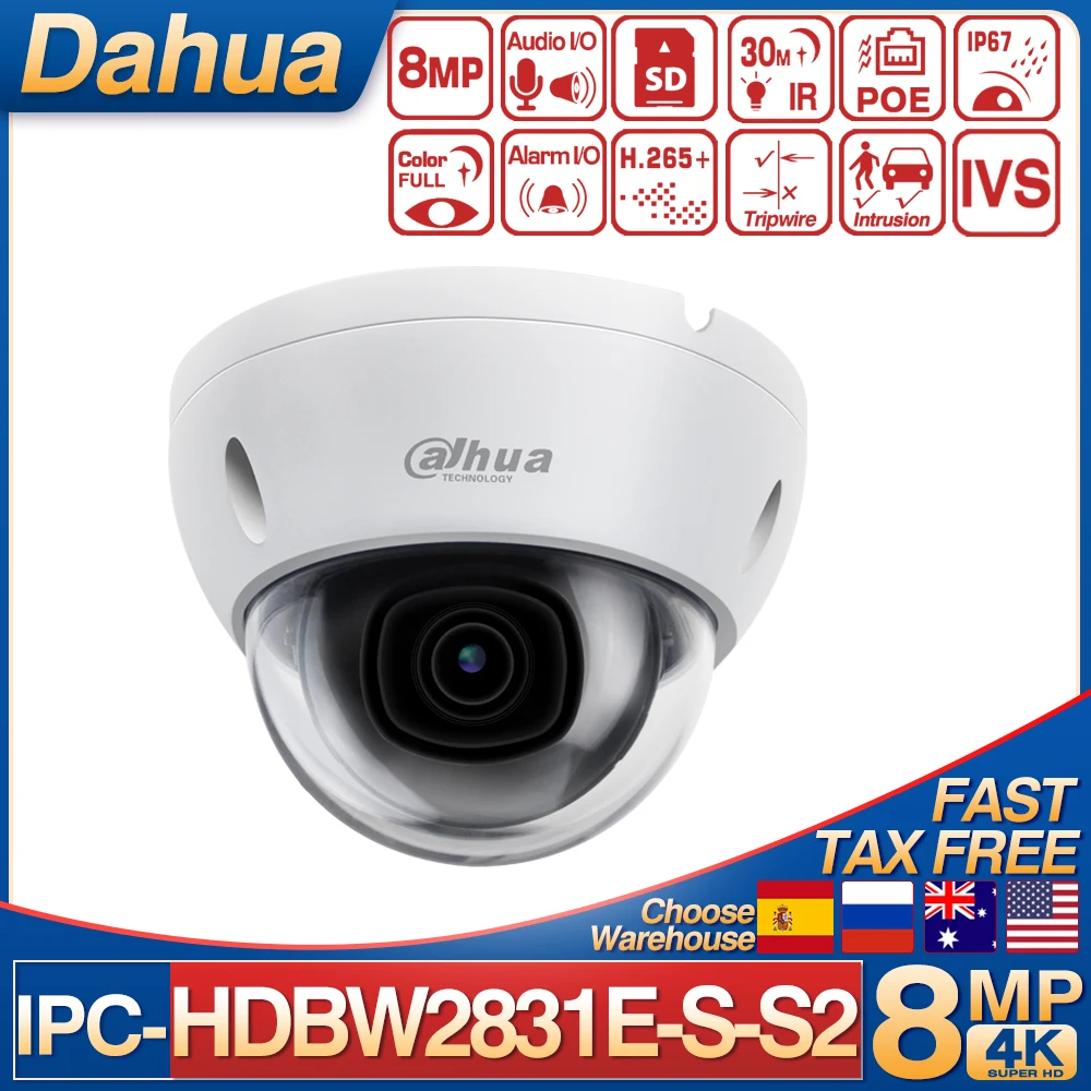 

Original Dahua 8MP Dome IP Camera IPC-HDBW2831E-S-S2 H.265+ Built-in SD Card Slot IP67 IR 30M IVS WDR IK10 POE Network Camera