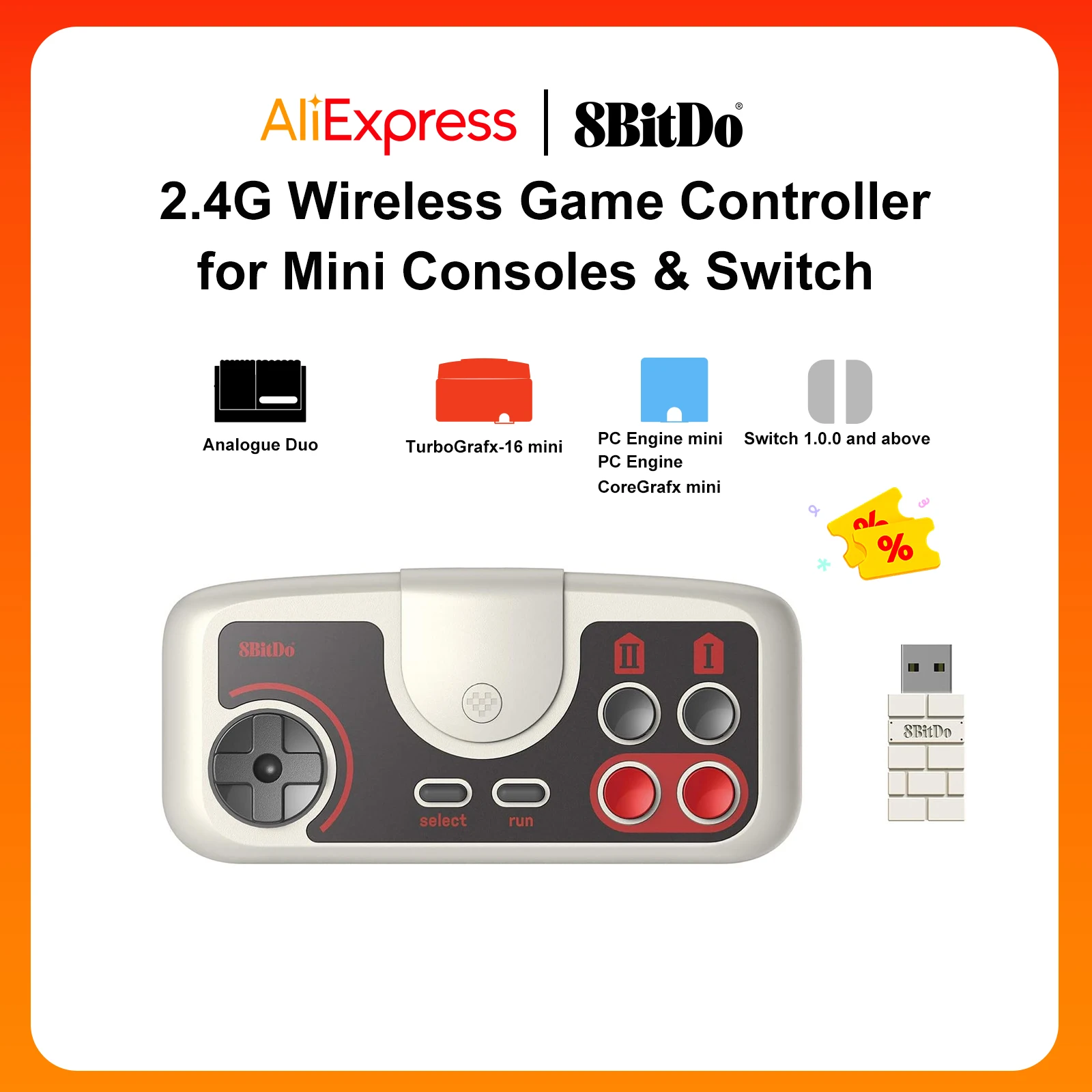 8BitDo PCE 코어 2.4G 무선 게임패드 PC 엔진 미니 PC 엔진 코어그라픽스 미니 터보그라픽스-16 미니 스위치용