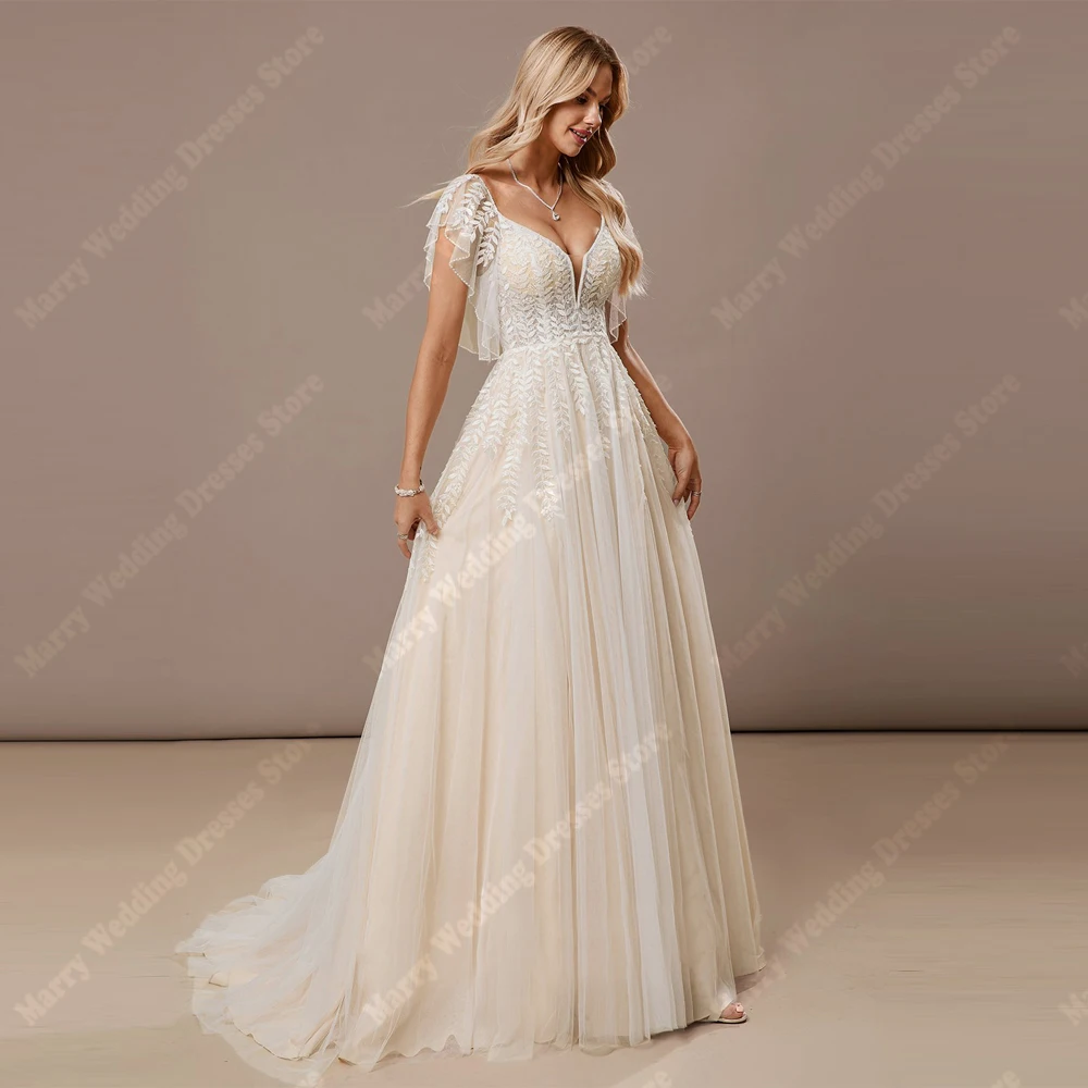 Fascinating Women Wedding Dresses Sexy V-Neck A-Line Tulle Bride Gowns Mopping Length Backless Banquet Robe De Mariée Customized - 3