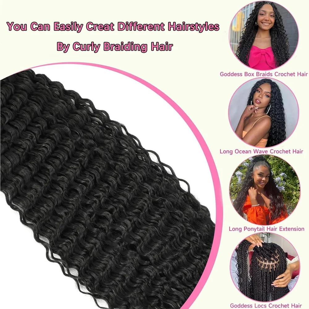 1/2/3packs Synthetic 30 inch Long Black Deep Wave Curly Braiding Hair Ocean Wave Crochet Hair Soft Curly Crochet Hair For Women