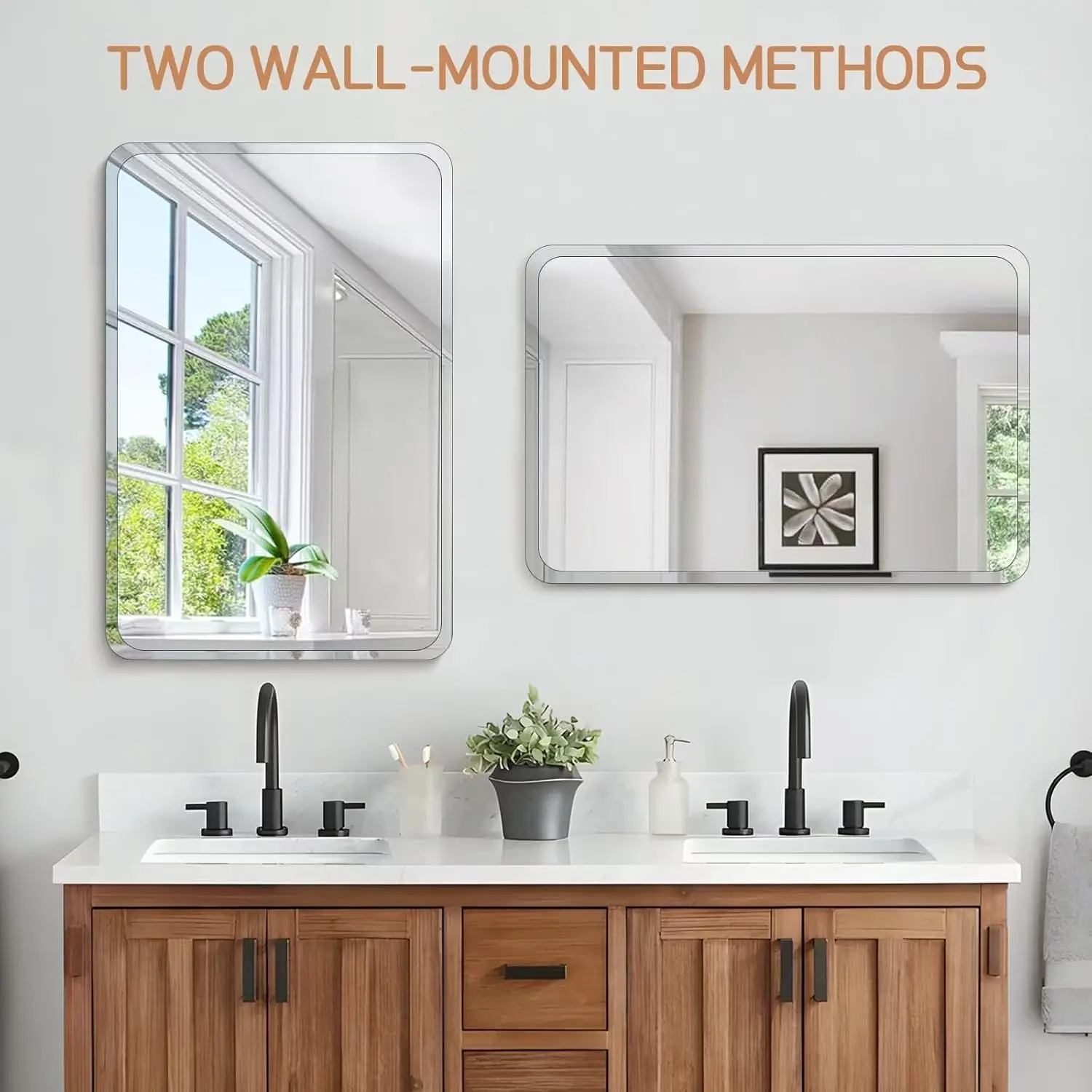 Frameless Bathroom Mirror. 30x32". Rounded Rectangle. Polished Edge. Wall Mounted. Shatterproof. Horizontal/Vertical.