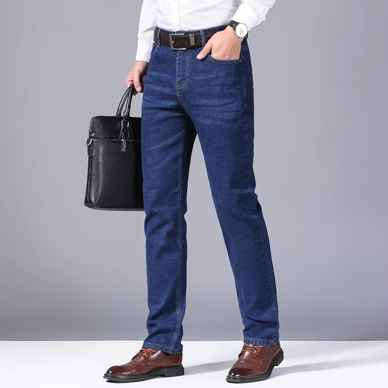 Business Casual Straight Jeans Commuter Men's Clothing Elastic All-match Button Zipper 2024 Spring Autumn New Mid Waist Trousers