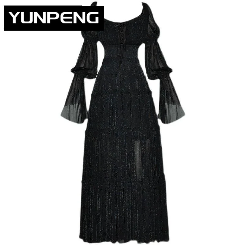 

Dresses For Women Retro Court Style Temperament Square Collar Dress Female Tie High Waist Puff Sleeves Vintage Long Party Dress