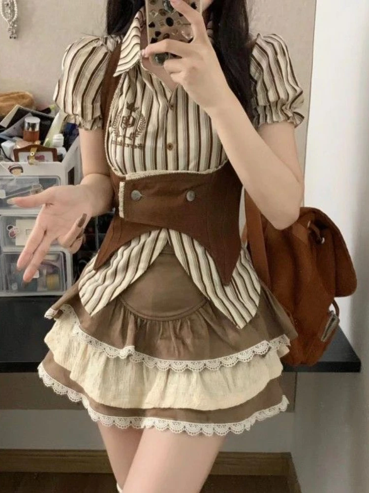 

Brown Vintage Striped 3 Piece Set Women Y2k Party Lace Sweet Mini Skirt Suit Female Korean Elegant Hight Waist Skirt Suit Summer