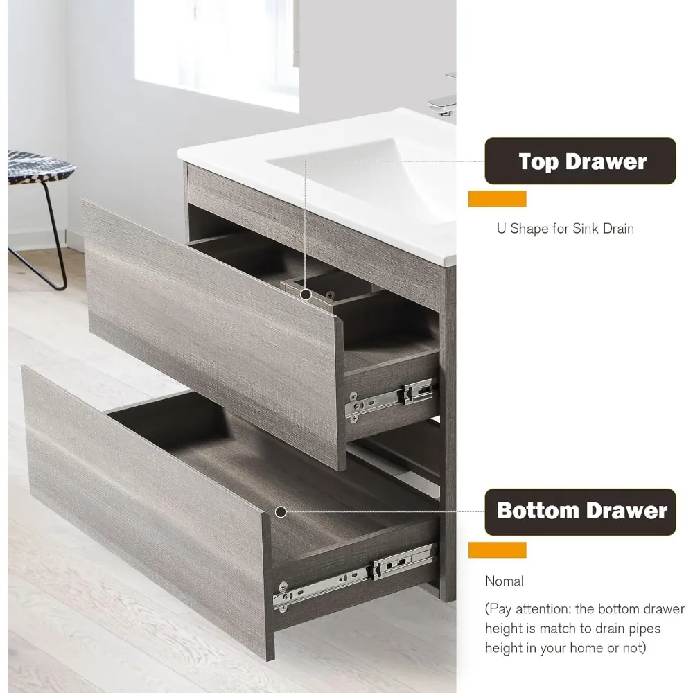 Bathroom Organizers, 30" Bathroom Vanity Wall Mounted Grey Floating Vanity Two Drawers Storage Cabinet With Ceramic Integrated S 5
