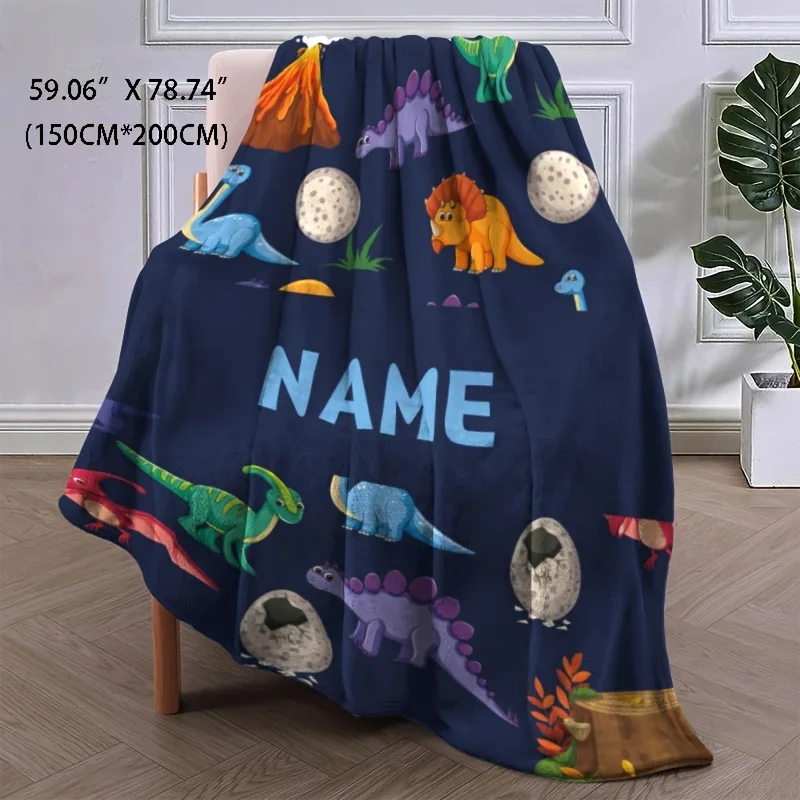 1pc Personalized Name Custom Dinosaur Pattern Blanket, Soft Plush Throw, Customizable Decor, Ideal For Bedroom And Playroom 3