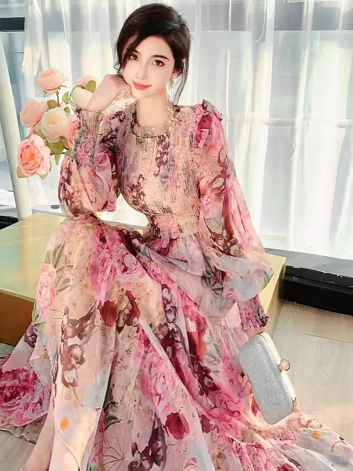 2024 Muslim Turkey Spring Autumn Women Long Sleeve Dress Sweet Flowers Print  Chiffon Long Dress Holiday Dress