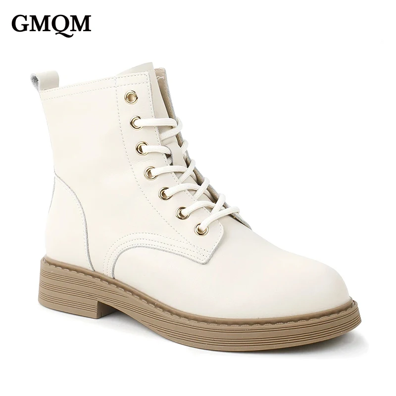 

GMQM Brand Genuine Leather Boots Women Shoes Fashion Women's Loafers Shoes Platform Thick-Soled Round Toe Lace-Up British Style