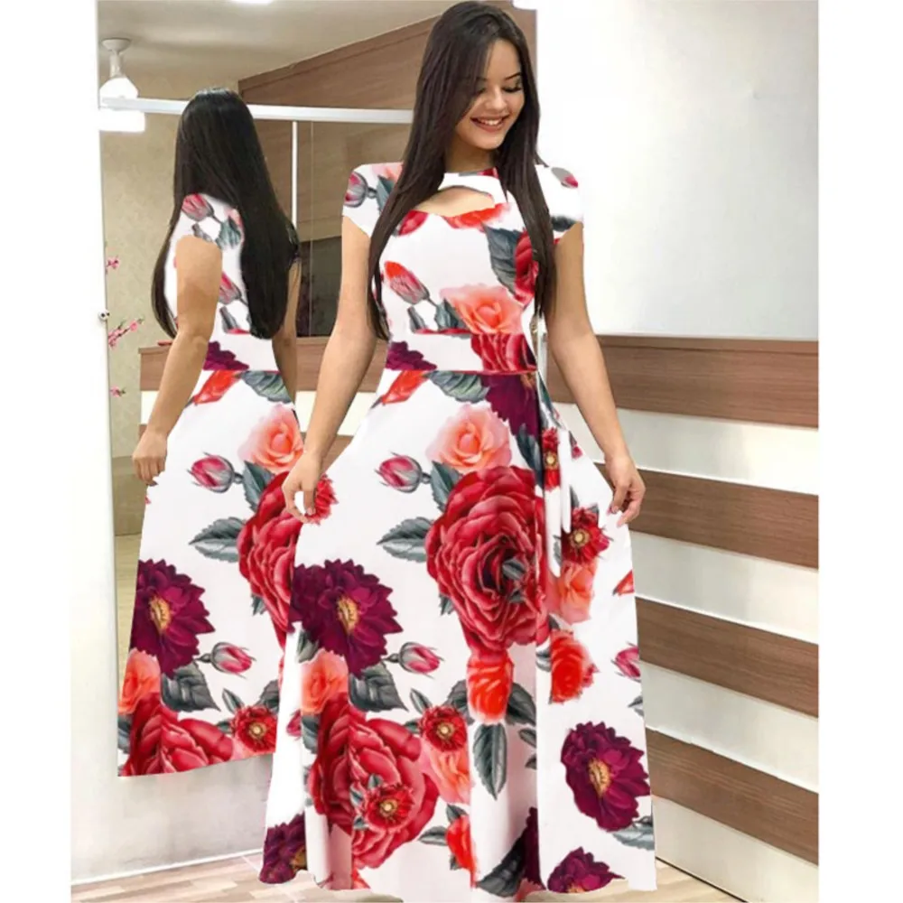 住まい/暮らし/子育て Floral Sexy Long Gown Women Short Sleeve Hollow Out O-neck Long Dress Summer
