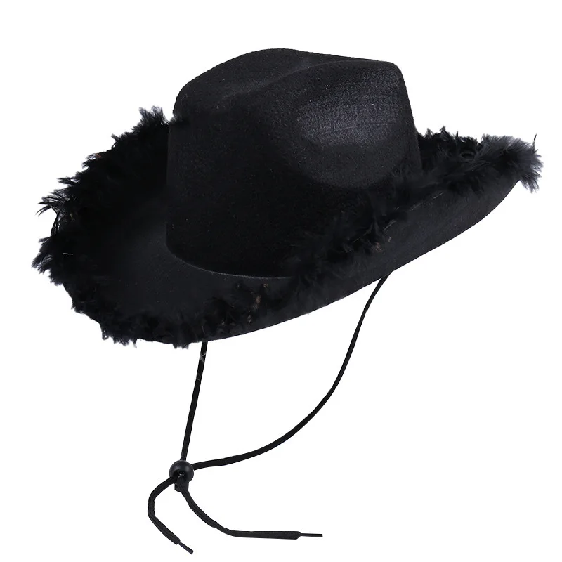 Fashionable Cowboy Hat Simple Solid Color Fur Edge Leopard Print Party Hat Women Men Performance Lanyard Fancy Dress Hat 5