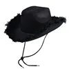 Fashionable Cowboy Hat Simple Solid Color Fur Edge Leopard Print Party Hat Women Men Performance Lanyard Fancy Dress Hat 5