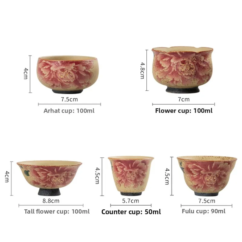 Ceramic master cup old retro peony small single tea cup household high-end tea set tea cup