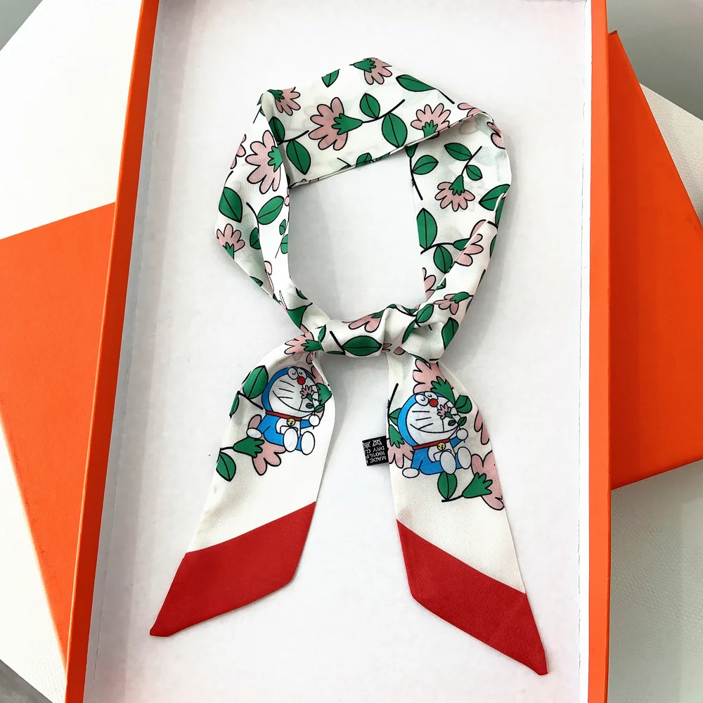

Фирменный женский шарф с рисунком мультяшного кота розы, шелковые сумочки, узкие шарфы, новый дизайн, полотенце на запястье, шейный платок, повязка на голову для женщин