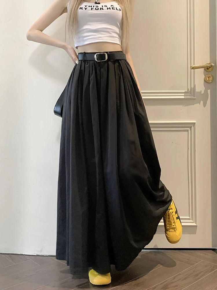 Long Skirts Women Loose Autumn Pleated High Waist Pure Temperament Chic Aesthetic Bottoms Harajuku Leisure Korean Fashion Faldas