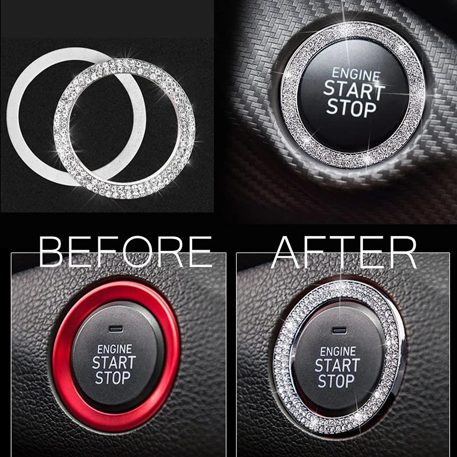 Car Crystal Rhinestone Bling Ring Crown Emblem Sticker Push Button Key Lgnition Starter & Knob Ring Car Interior Accessories car stickers key rings