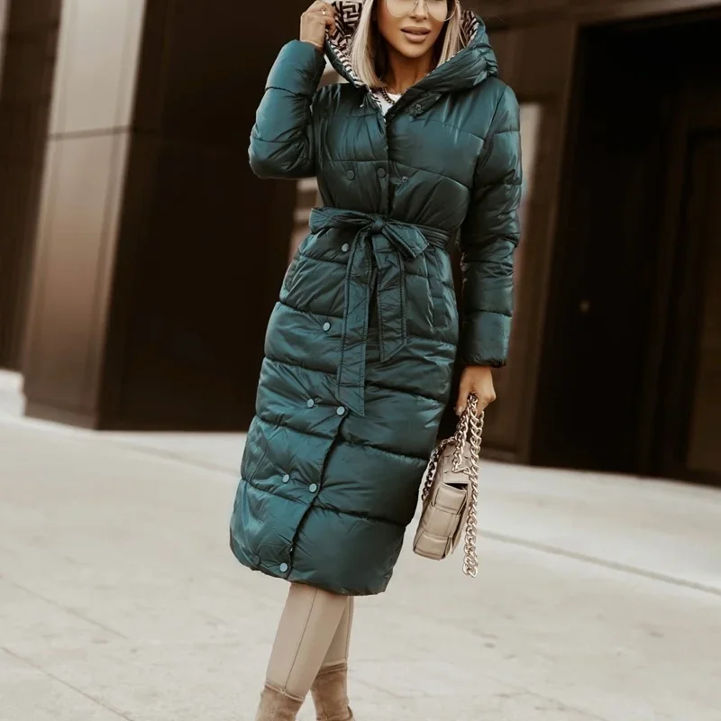 Women Elegant Print Hooded Down Coat Fall Fashion Button Lace-up Long Jacket Winter Casual Long Sleeve Pocket Straight Outerwear