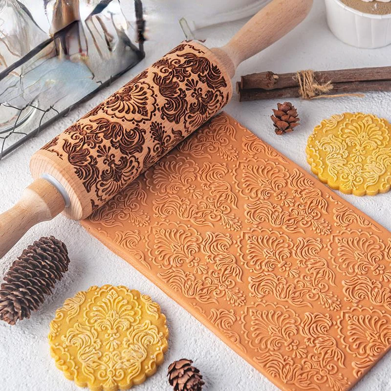 Creative Pattern Embossed Rolling Pin Biscuits Fondant Decorative Printing  Stick Beech Wood Carving Household DIY Baking Tools