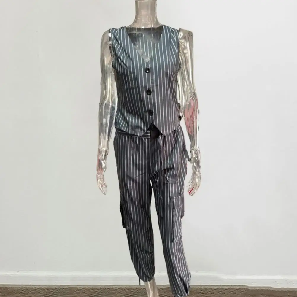 2 Pcs Women Vest Pants Set V Neck Waistcoat Striped Printed Drawstring Hem Ninth Trousers Formal Commute Office Top Pants Set
