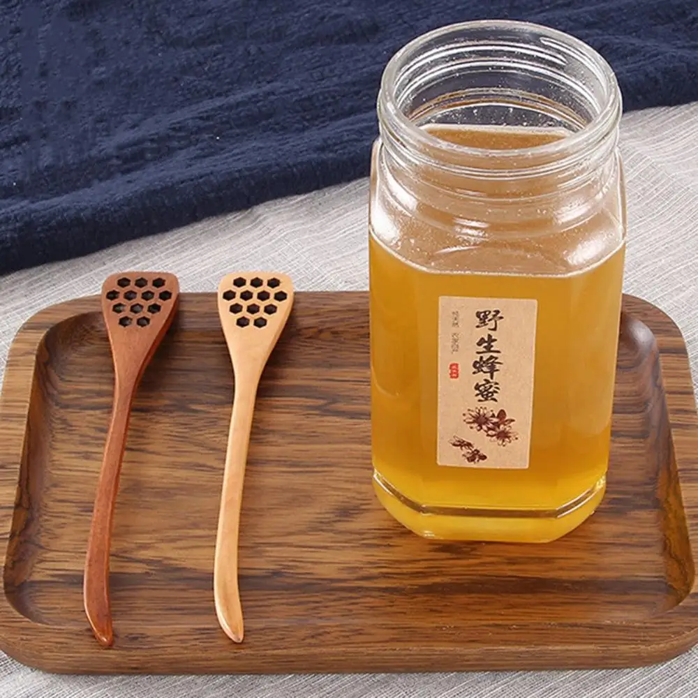 Wooden Spoon Glass Honey Dipper Sticks Wooden Honey Dipper Sever Mixing Stick Spoon Honeycomb Heart Pattern