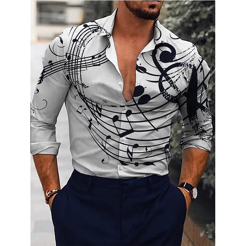 Social Fashion camisas informales para hombre, camisa abotonada con cuello vuelto, Tops de manga larga de nota Musical dibujada, cárdigan Club| | - AliExpress