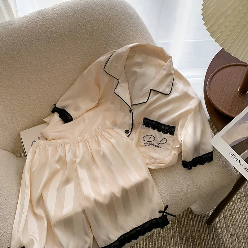 

Women Sleepwear Set Summer Pajamas Set for Women Fake Silk Lace Pijama Set Girl Nightgown Loose Waist Short Pant Silk Pajamas