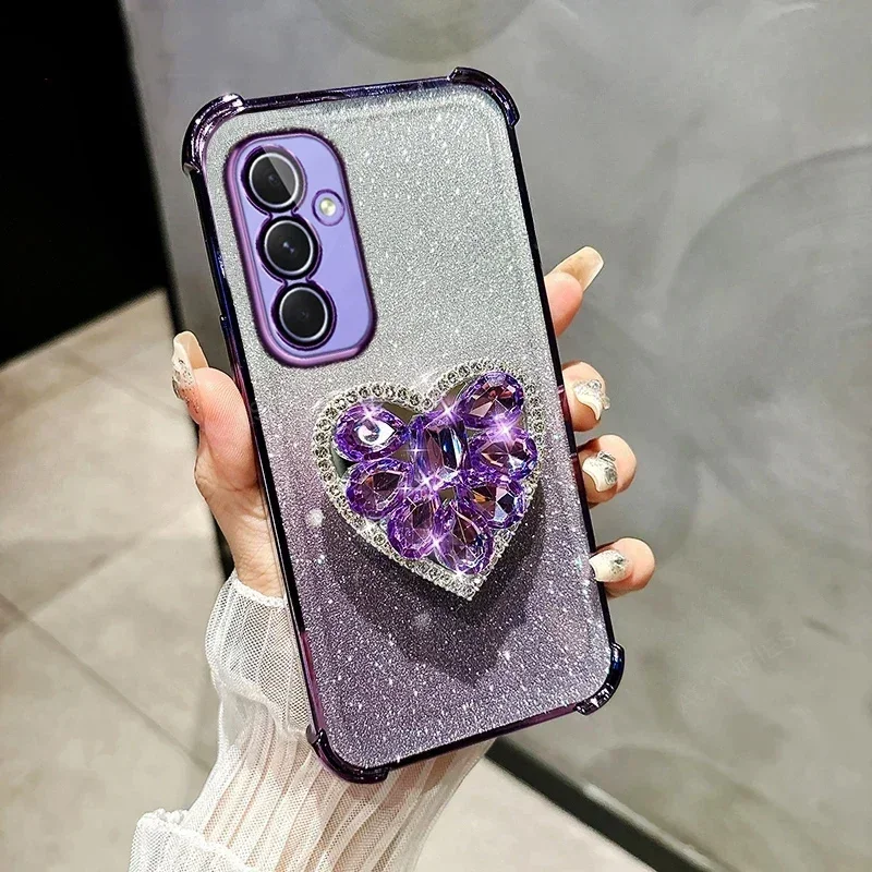 Glitter Diamond Heart Bracket Holder Shockproof Phone Case Back Cover