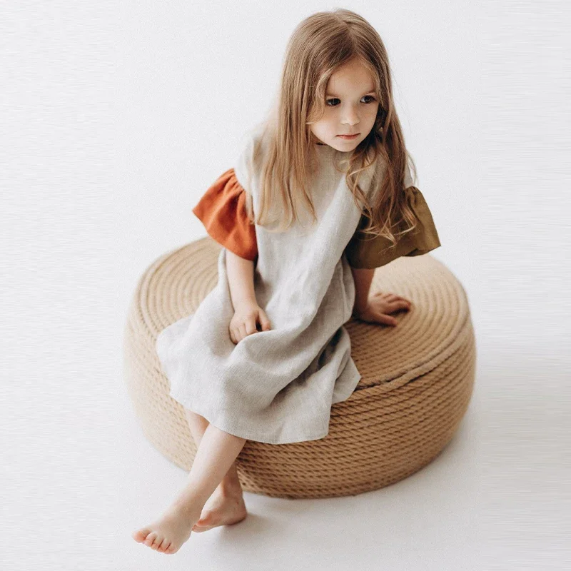 Vestito Patchwork Di Lino Naturale Per Ragazze Estate Nuovo Bambino Bambini Manica Svasata Abiti Casual In Cotone E Lino Abbigliamento Per Bambini