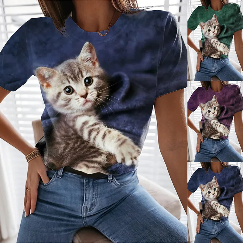 

2023 Summer Women's Casual Animal Print Short-Sleeved Round-Neck T-Shirt Female & Lady Fashion Commuter Long Sleeve Top Shirts