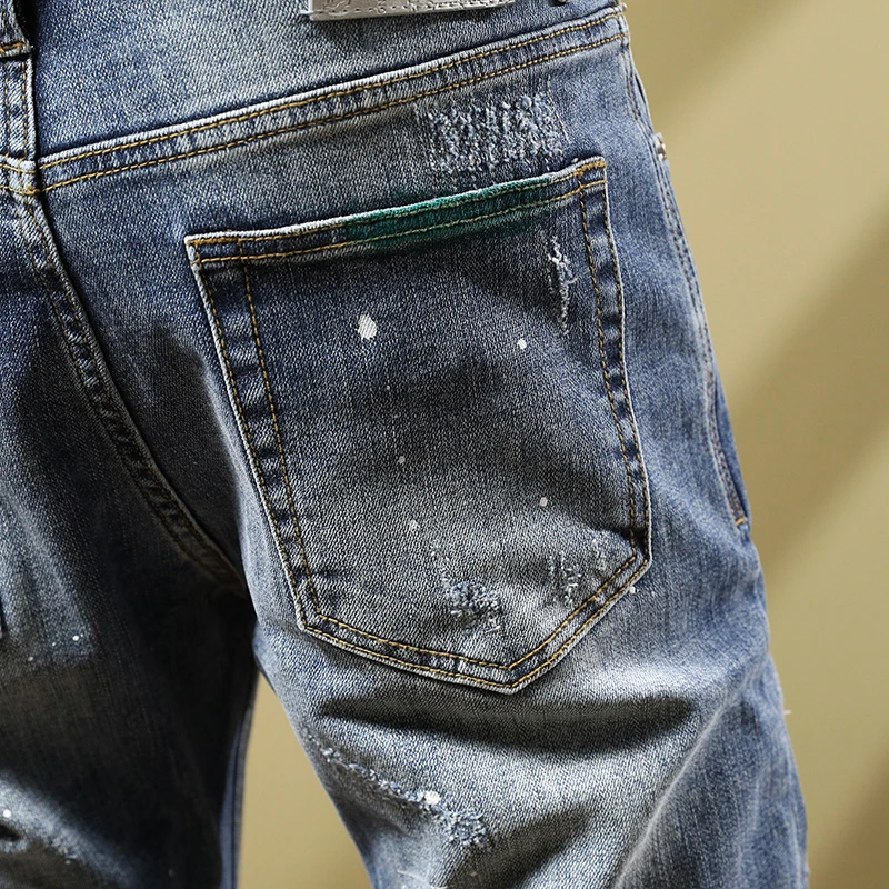 Fashion Streetwear Men Jeans Retro Blue Elastic Stretch Skinny Fit Ripped Jeans Men Green Painted Designer Hip Hop Pants Hombre