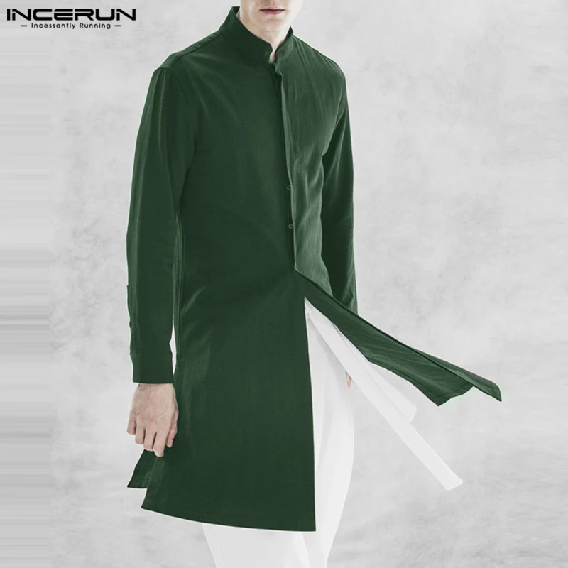 INCERUN 2023 Muslim Style Men's Solid Color Shirts Leisure Streetwear Hot Sale Patchwork Standing Neck Long Sleeved Blouse S-5XL