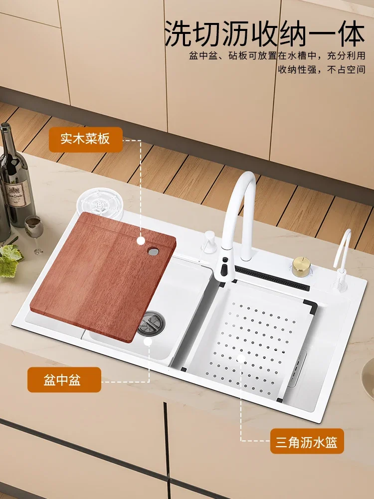 

White Feiyu Waterfall Sink Large Single Slot 304 Stainless Steel Household Kitchen Vegetable Wash Basin Manual Dishwashing Pool