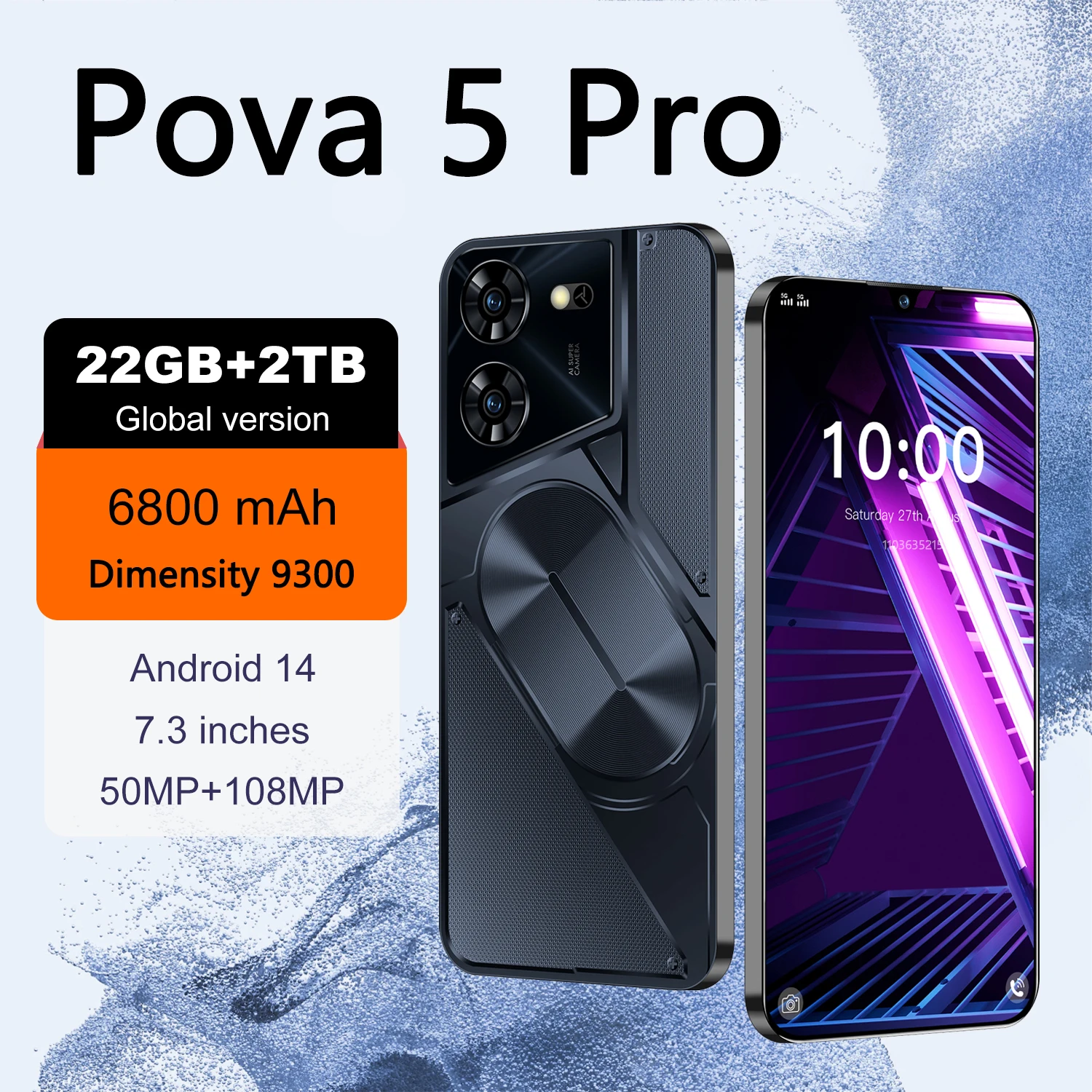 Versione Globale Pova 5 Pro Smartphone Originale 16Gb + 1Tb 7.3 ''Hd + Android 13 Dimensity 9300 6800Mah 5G Dual Sim Phone 50Mp + 108Mp