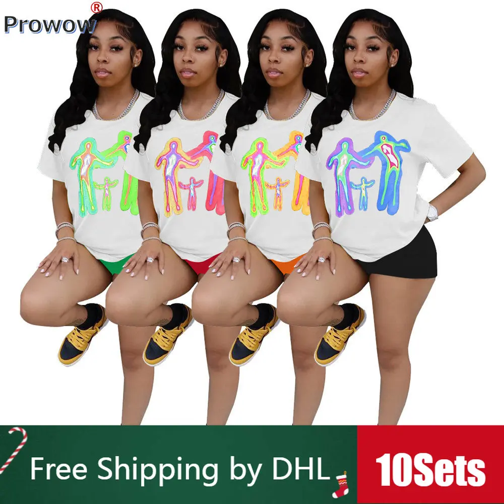 

10 Sets Bulk Tracksuits Women Printing Short Sleeve Shirt Elastic Shorts Ladies Outfits Summer Causal Sports Suit Wholesale 9594