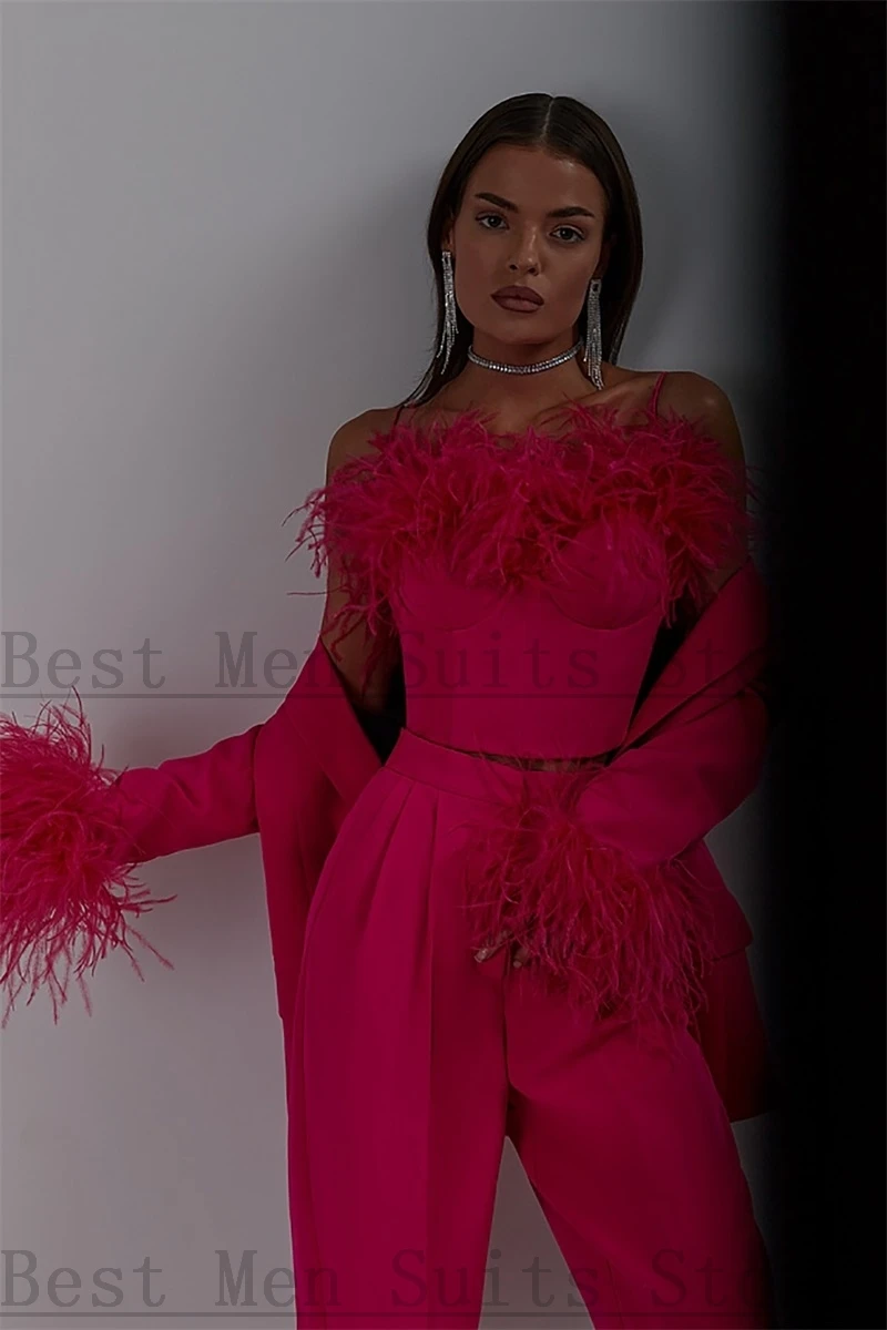 

Ostrich Feather Women Suits Set Blazer+Top Bra+Pants 3 Pieces Wedding Tuxedo Prom Dress Formal Office Lady Jacket Custom Made